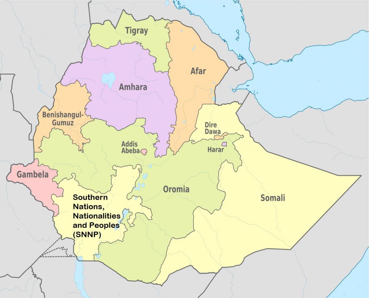 Etiopie regionální státy mapa