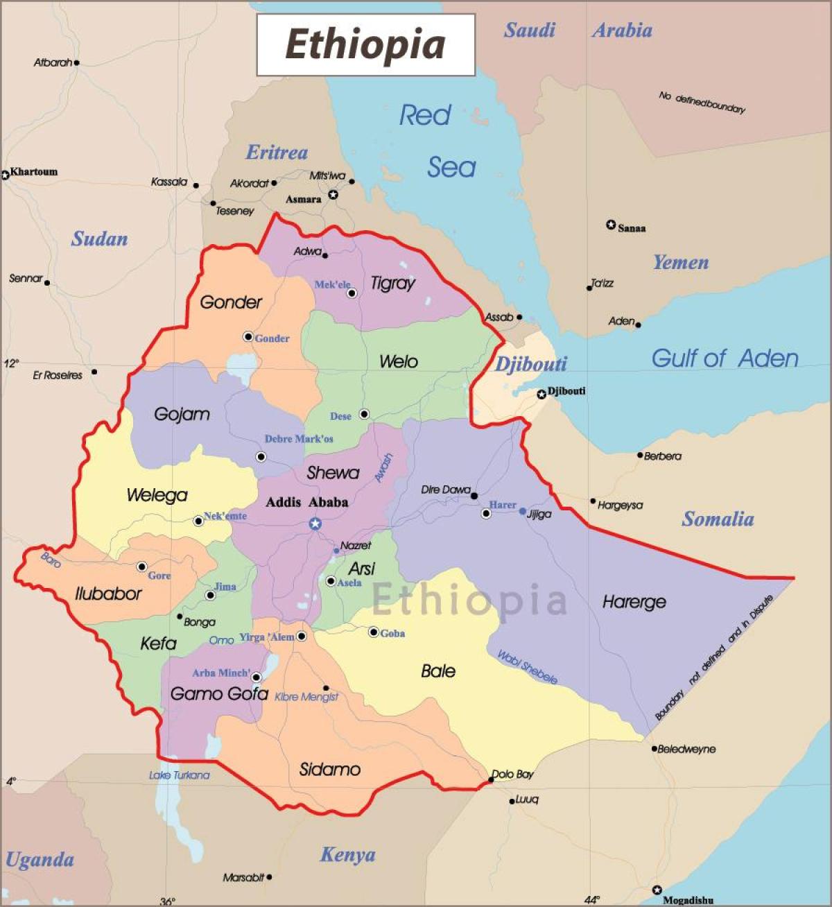 Etiopie mapa s městy