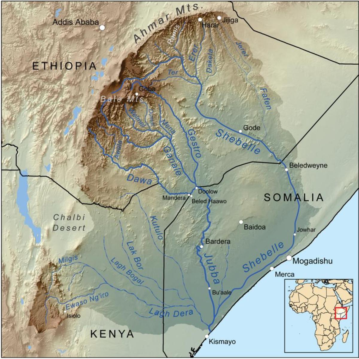 Etiopské povodí mapě