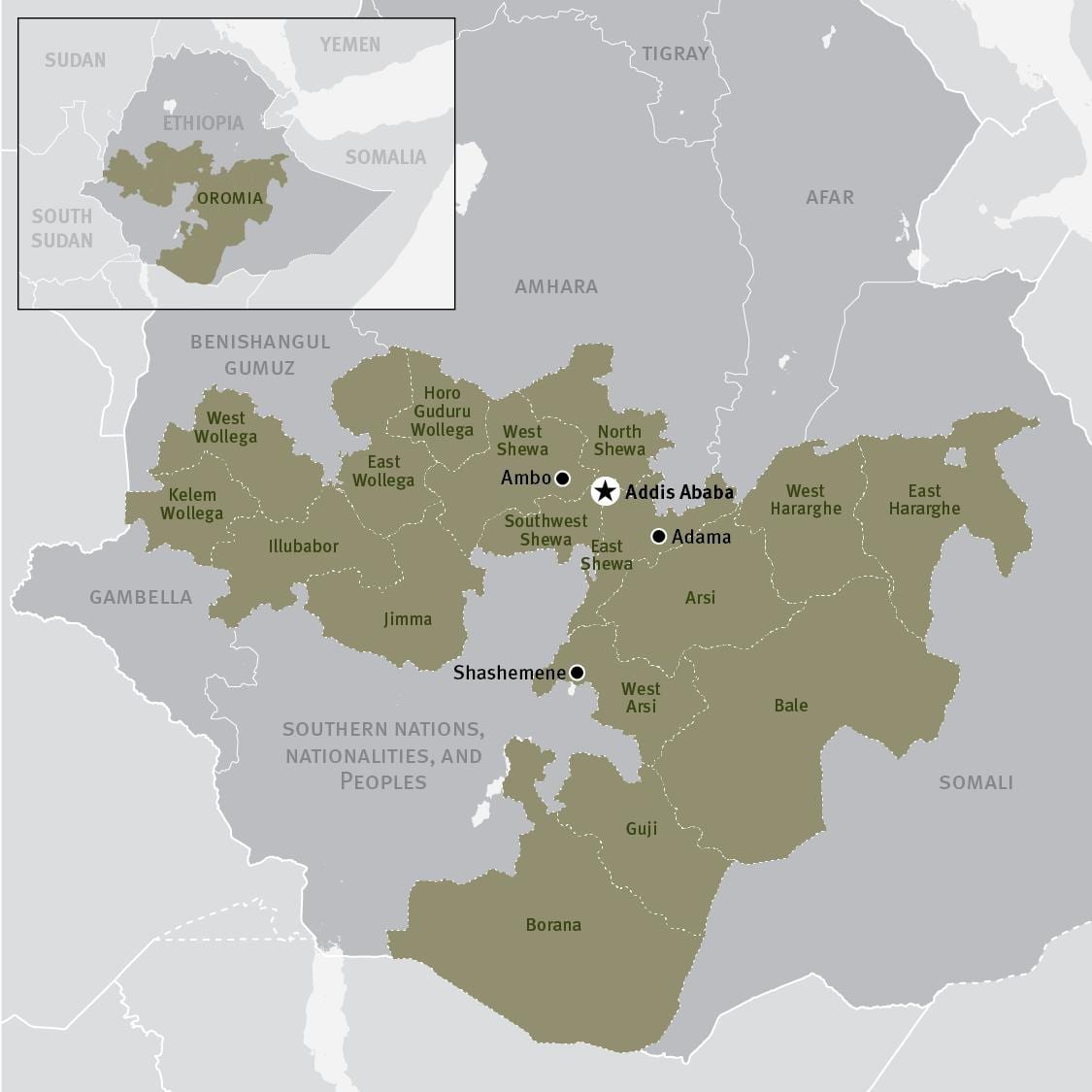 mapa oromia region v Etiopii