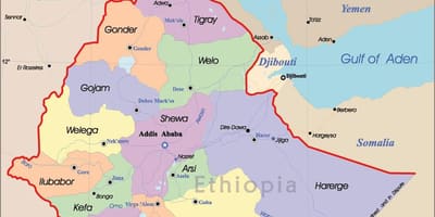 Etiopie mapa s městy